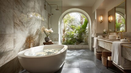 Luxurious modern bathroom with tropical garden view