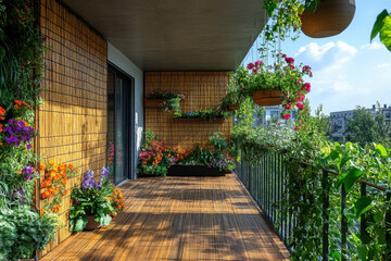 Fototapeta premium Abundant plants and flowers on balcony.