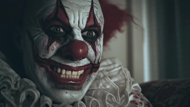 Sinister scary clown close up portrait with eerie makeup and evil grin for spooky Halloween horror design