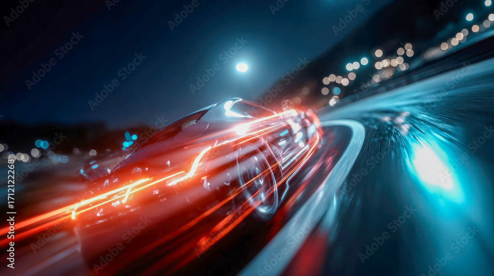 Poster close-up of a speeding car with glowing red light trails at night, creating a sense of motion and en