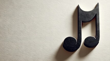 Minimalist black music note sculpture casting shadow on textured beige surface, abstract artistic design element for modern decor themes
