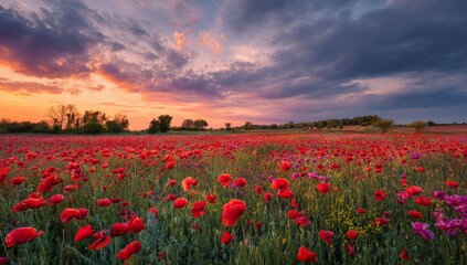 Obraz premium Vast Poppy Flower Field at Sunset with Colorful Sky and Dramatic Clouds