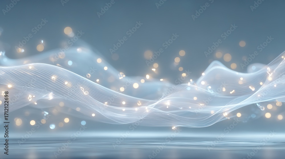 Poster soft abstract flowing white wave lines with glowing golden particles on blue background for elegant 
