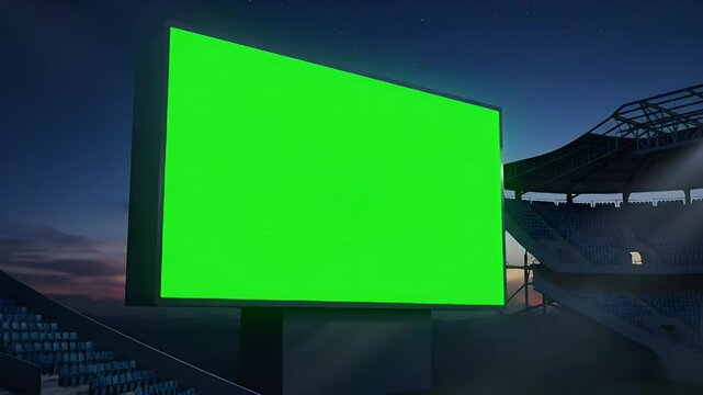 Large Green Screen Jumbotron Billboard in Empty Sports Stadium at Night, Ready for Digital Content or Advertising Mockup