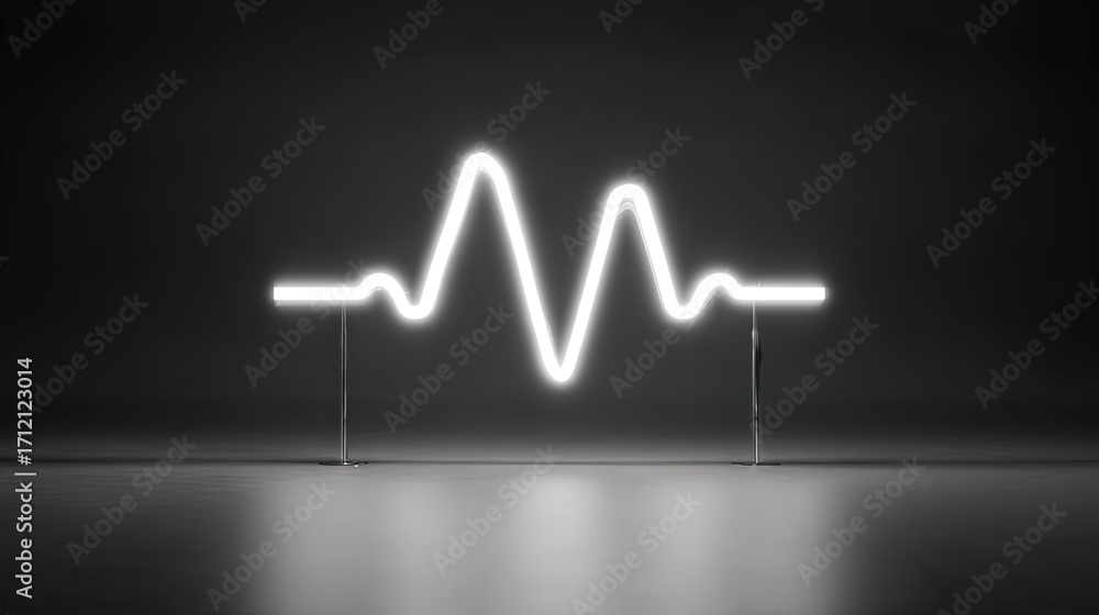Poster minimal glowing white waveform installation with symmetrical peaks and reflection on dark floor back
