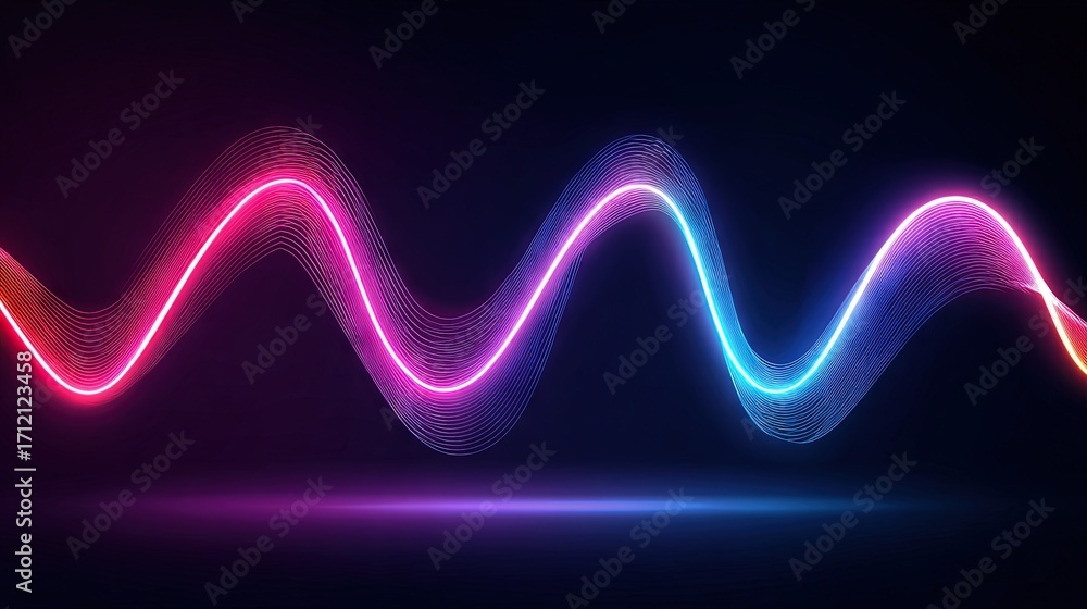 Poster flowing neon wave line in pink and blue glowing gradient forming smooth abstract audio signal curve 