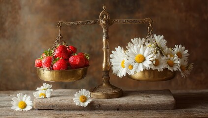 Obraz premium Vintage Balance Scale with Strawberries and Daisies on Rustic Wooden Surface