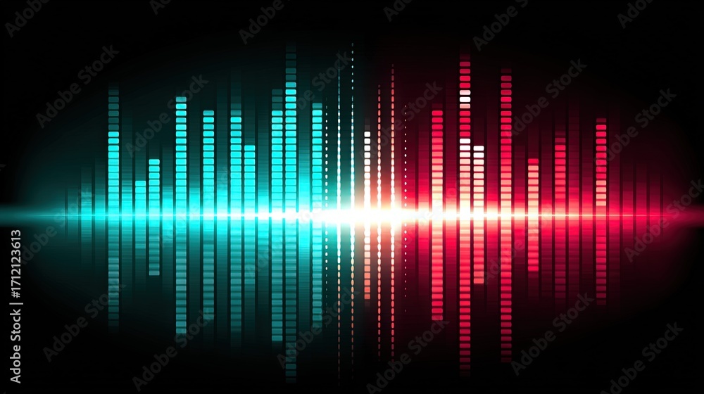 Poster vibrant glowing equalizer bars in red and cyan neon colors forming abstract sound wave visualization