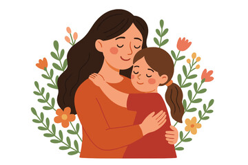 Happy Mother's Day vector illustration. Mother and daughter hugging. Mom embracing child with love. Woman holding girl in arms. Family love and affection concept illustration.