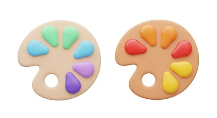 Two Colorful Artist Paint Palettes with Vibrant Colors Isolated on White Background.