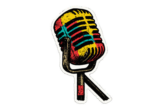 Vintage microphone pop art illustration. Grunge paper collage sticker for karaoke night or music festival poster. Retro halftone mike for rock concert or stand up comedy. - Powered by Adobe