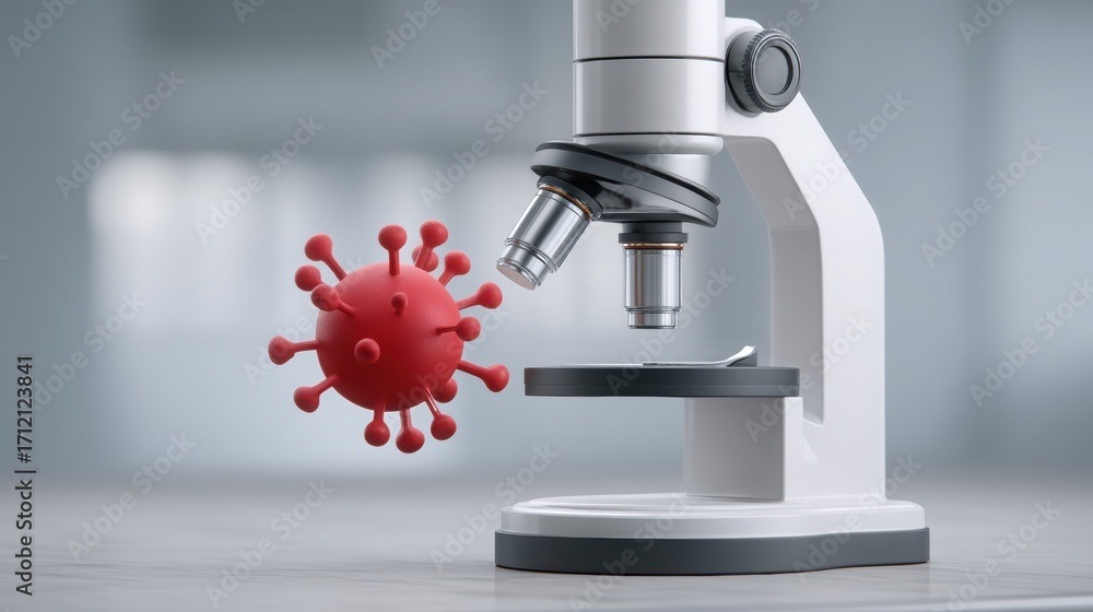 Poster a modern microscope examines a red virus, highlighting the intersection of science and health in a c