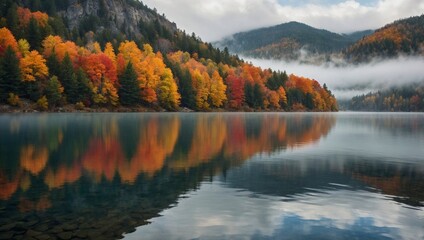 Obraz premium A tranquil lake reflects autumn trees with vibrant orange leaves, surrounded by foggy mountains. Serene fall season scene of still water surface reflecting the dramatic forest park landscape. 