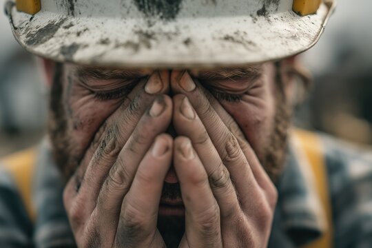 Dirty and Tired Construction Worker Feeling Utterly Defeated