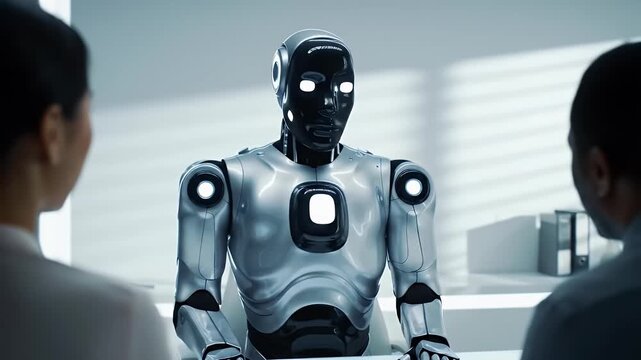 Futuristic robot in a meeting with two people, a scene of the future.