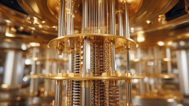 A close-up view of a sophisticated quantum computing device, showcasing intricate golden components and modern technology.