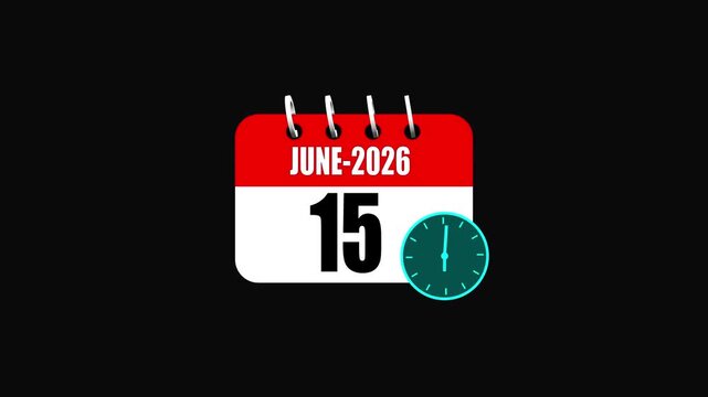 June 2026 Calendar Page with Clock Showing the 15th Day on Black Background date