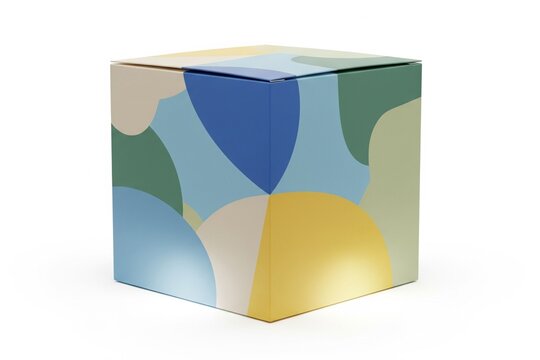 This modern blind box features a sleek, minimalist design with soft abstract patterns in calming tones of blue green yellow and beige