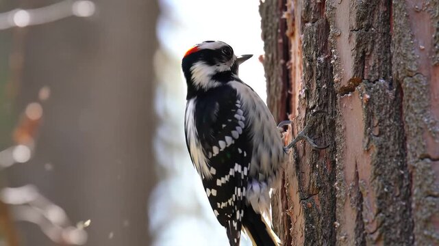 Downy Woodpecker Foraging on Tree Trunk.