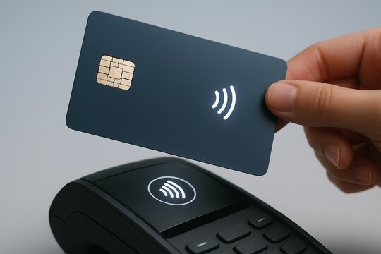 Contactless payment with card near terminal in modern setting
