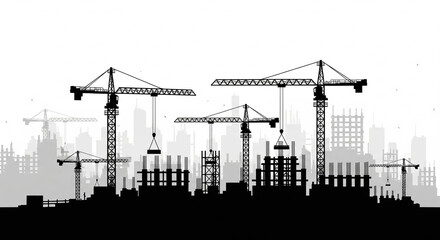 A black silhouette illustration of a construction site with a crane and a building frame.