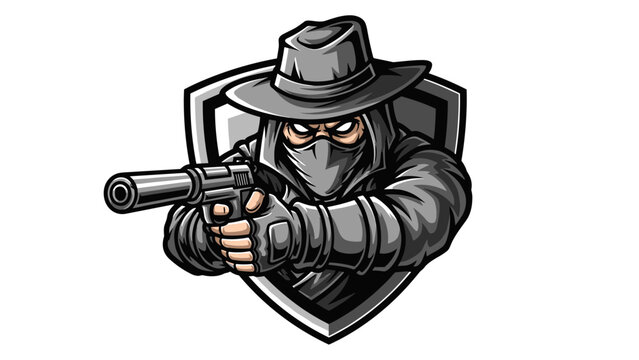Mascot Logo Illustration of a Mysterious Agent Holding a Handgun