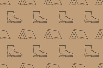 Seamless pattern featuring brown outlines of camping tents and hiking boots on a brown background