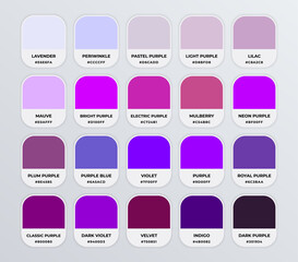 Purple color codes shades guide palette catalog with color names