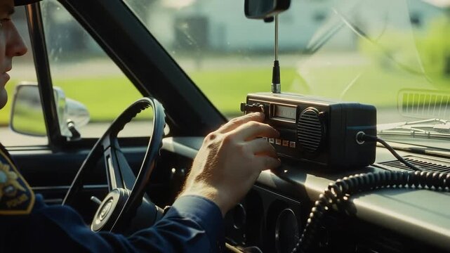 Police Officer in Vehicle Adjusting Radio Communications Equipment