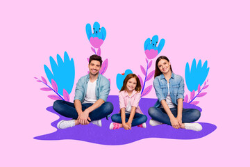 Collage with funny people among colorful flowers symbolizing family parentship friendship love dating romance relationships