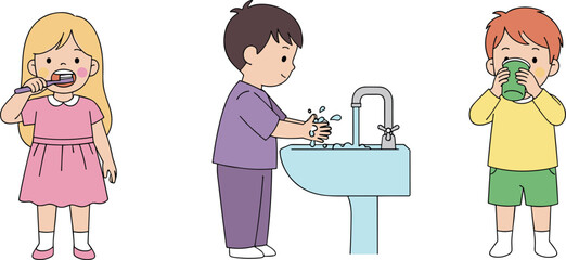 A vector illustration set of cute children, showing good daily hygiene habits, including a girl brushing teeth, and boys washing hands.