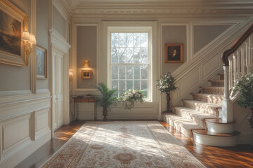 Fototapeta premium Staircase leading up from a large rug.