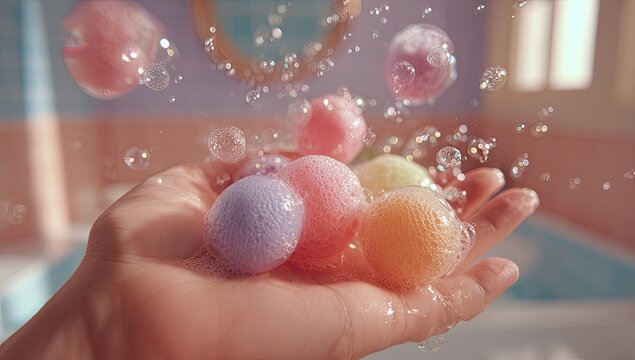 Pastel-colored bath bombs held in a hand, surrounded by bubbles - Powered by Adobe