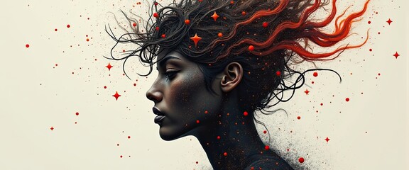 Ethereal Portrait of a Woman with Abstract Hair and Colorful Star-Like Accents Against a Soft Background