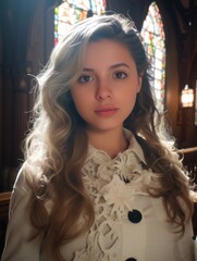 Fototapeta premium Portrait of a young woman with wavy blonde hair wearing a white coat in a church setting indoors