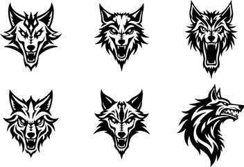 Obraz premium Wolf Head Vector Set – Tribal and Tattoo Style Silhouette Design