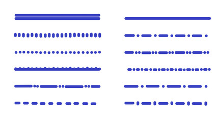 Blue Line Dividers: Set of Horizontal Vector Decoration Elements, Dotted, Dashed, & Solid Lines on transparent Background for Design Projects and Web Templates