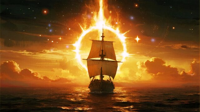 Columbus Day Majestic Galleon sails through a vibrant cosmic portal bathed in golden celestial light, evoking epic adventure and the unknown reaches of space.