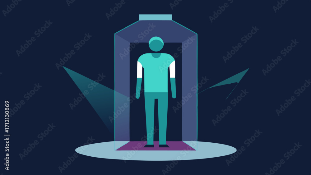 Poster 3d body scanner an illustration of a person inside a 3d scanning booth with holographic beams captur