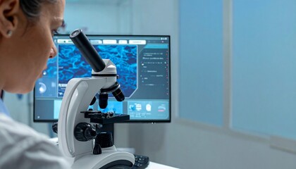 Side profile of a female scientist in a white lab coat analyzing biological samples through a microscope in a modern research laboratory