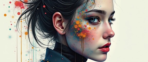 Portrait of a Young Woman with Colorful Abstract Face Paint and Artistic Elements, Expressing Creativity and Fashion in a Modern Artistic Style
