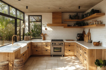 Person chopping vegetables in a kitchen with wooden cabinets and white tile.