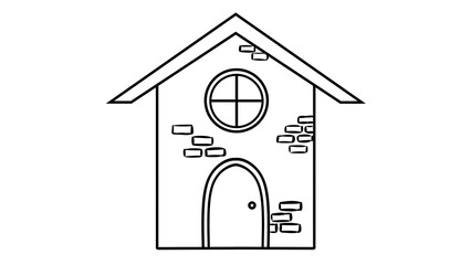 Simple House Outline Illustration: Minimalist Architectural Drawing with Round Window and Arch Door, Black and White Line Art Graphic cartoon style clipart image
