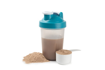 Protein powder.protein shake isolated on white background.Shaker bottle with protein.Food...