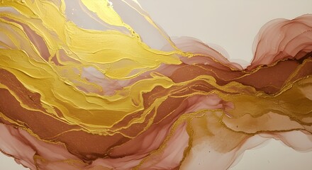 Fototapeta premium A golden and bronze abstract painting with flowing textures and metallic shine on a neutral backdrop, evoking elegance, movement, and luxury in a modern artistic composition.