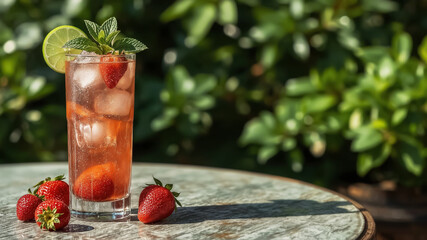 Strawberry mojito cocktail in tall glass with ice cubes, fresh mint leaves and lime slice on rustic wooden table. Summer refreshing drink with strawberries in natural outdoor sunlight greenery setting