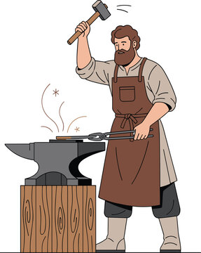 Blacksmith working with hammer and anvil, forging metal, traditional craftsman, vintage occupation, cartoon illustration, blacksmith shop, ironwork, handmade tools