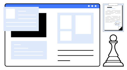 Digital interface with documents, chess piece for strategy, forms for planning. Ideal for organization, planning, design, strategy, management productivity decision-making. Clean simple flat