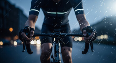 Cyclist Rides Through Heavy Rain in Urban Setting During Evening with Blurred City Lights