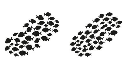 Two schools of black fish shaped like continents isolated on white